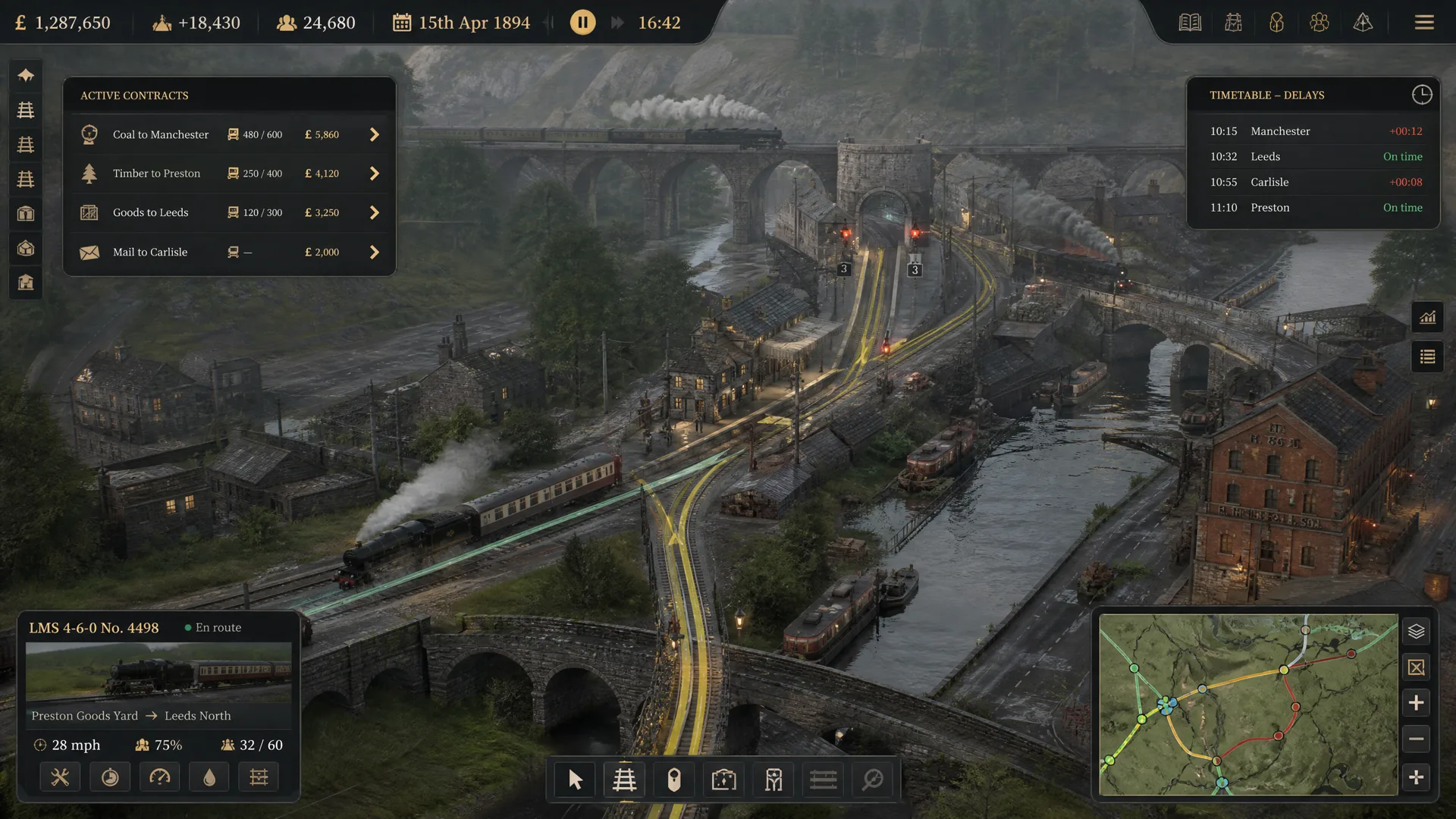 Isometric railway logistics gameplay in a rainy northern English valley.