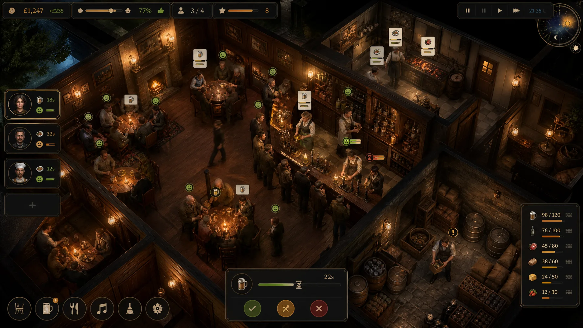 Isometric pub-management gameplay with staff, customers, kitchen and cellar stock.