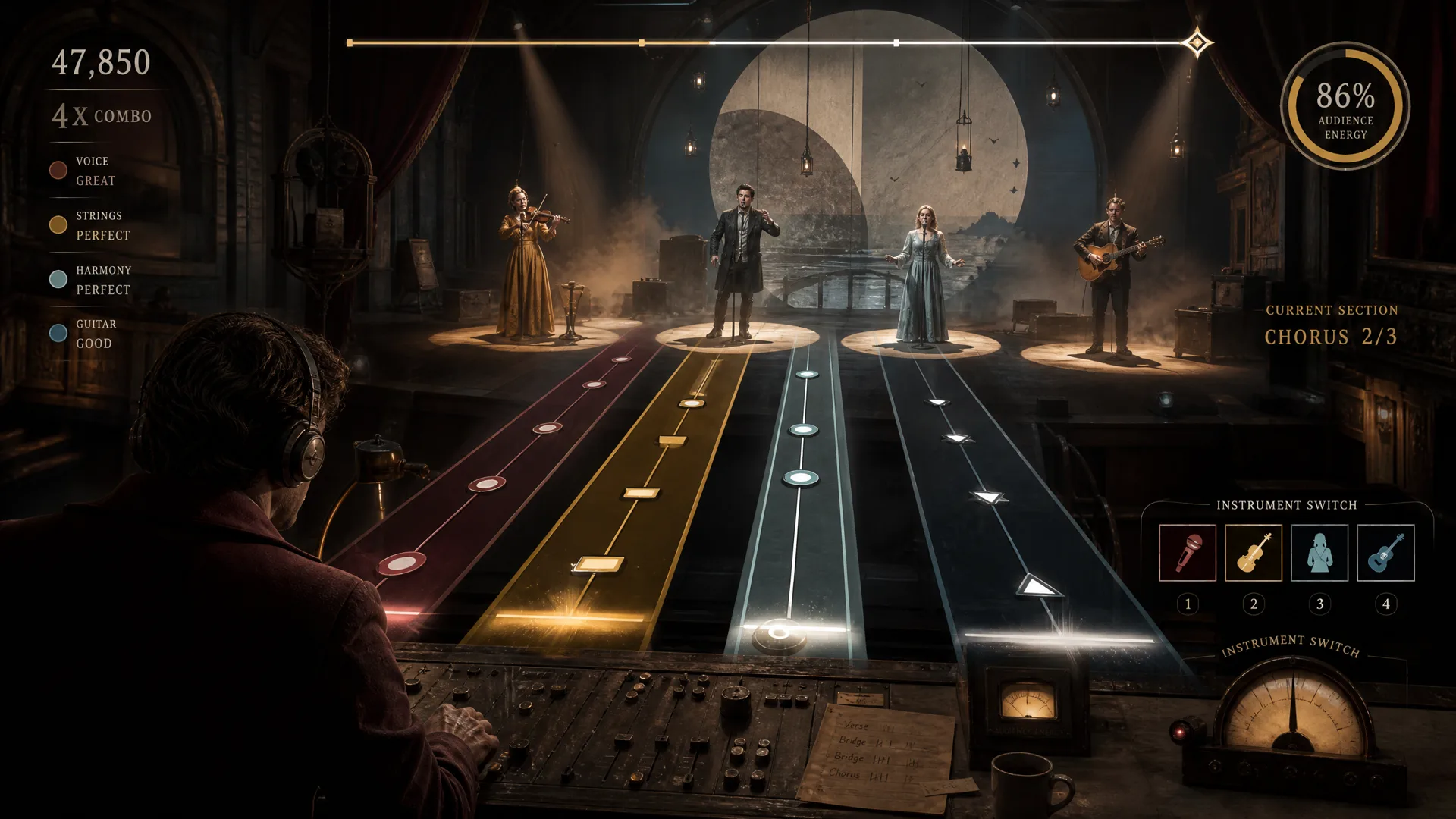 A sound engineer directing performers through waveform rhythm lanes.
