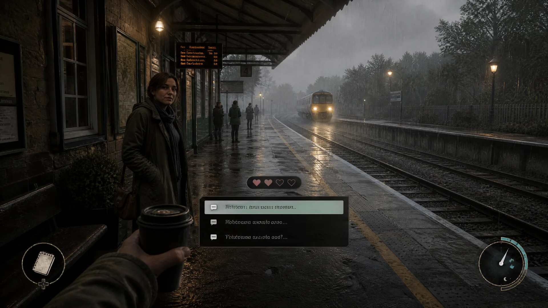First-person narrative gameplay in a rainy British regional railway station.